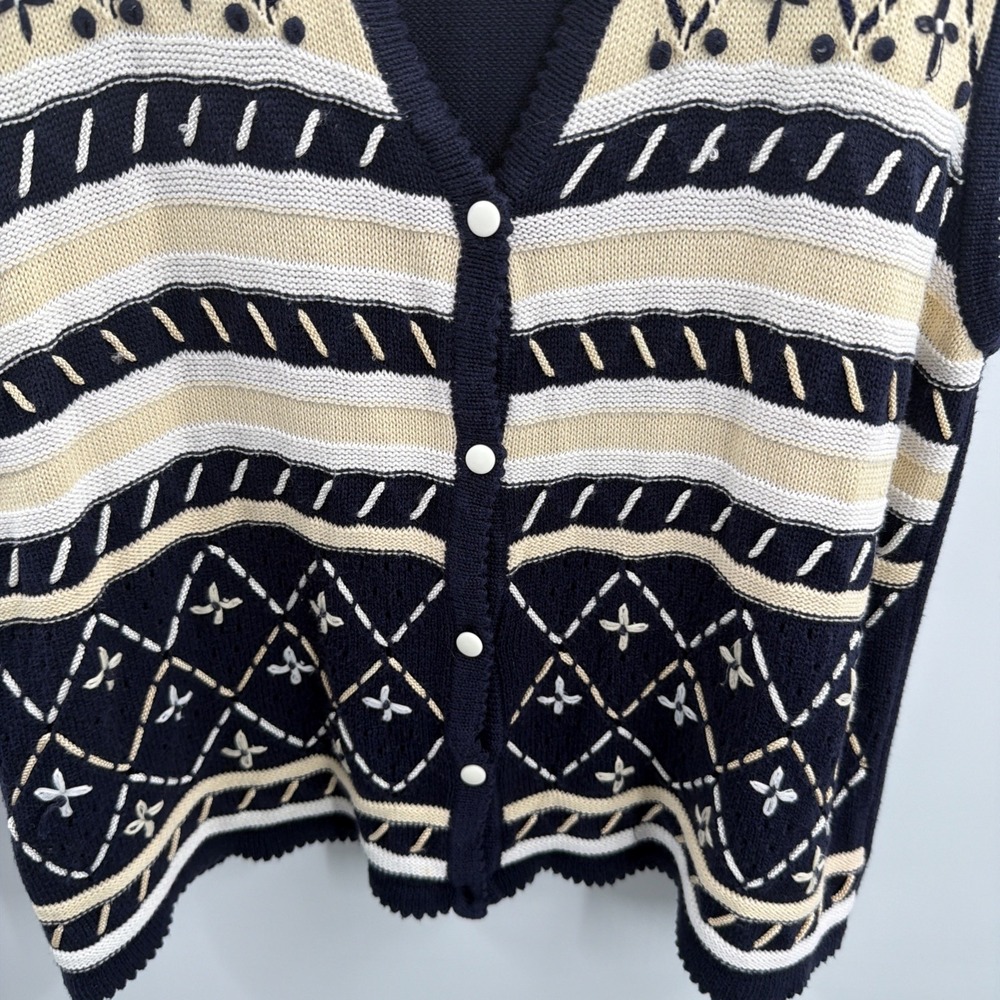 VTG Koret Sweater Vest L Grannny Knit Blue V Neck 90s Embroidered Casual Button - Picture 3 of 8